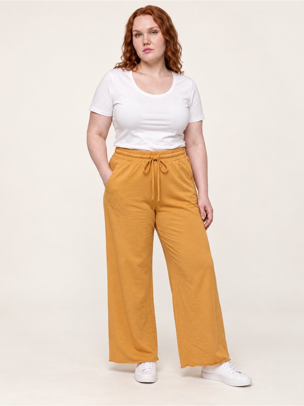 Zenana Mustard Wide Leg Cotton Lounge Pants Drawstring Waist Raw Hem L